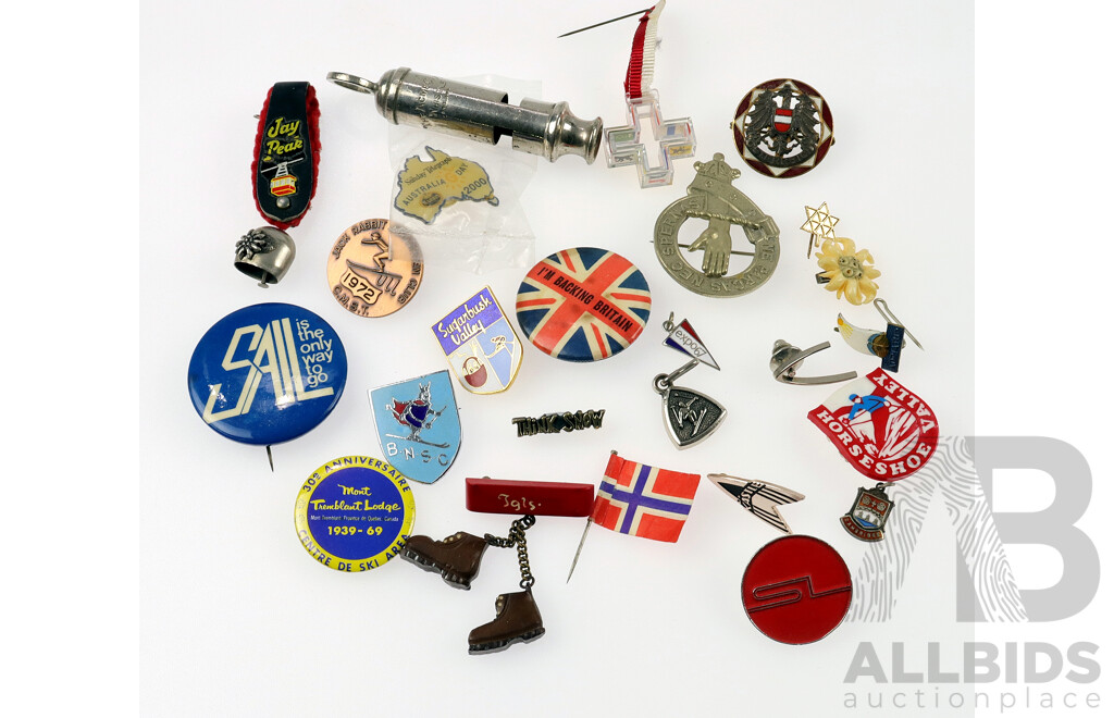 Collection of Vintage Travel Pins/Badges and 'the Acme City Whistle England' 8cm