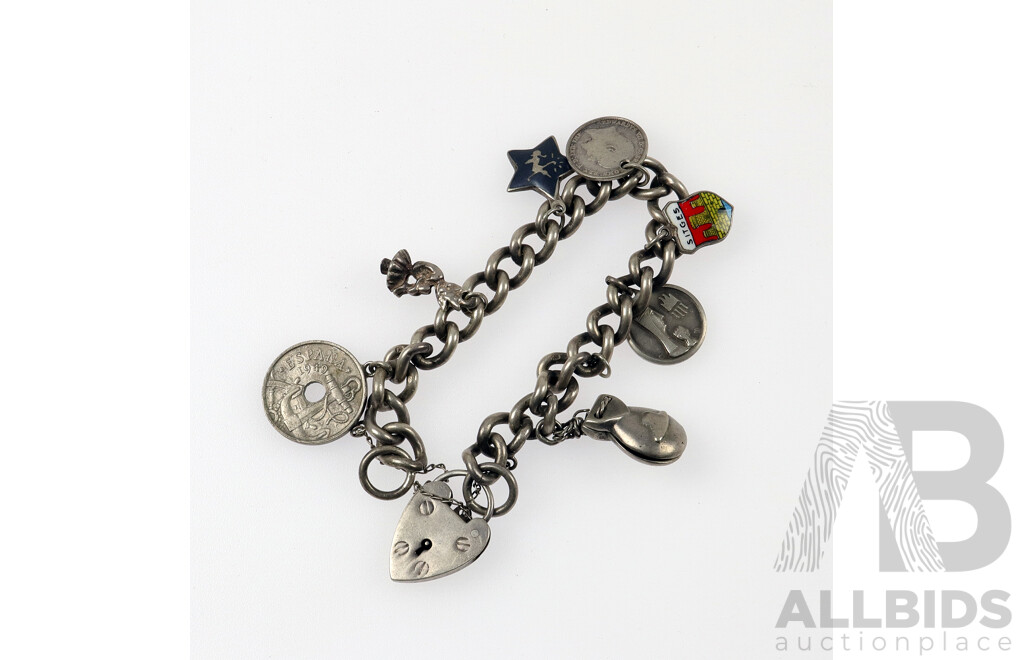 Sterling Silver Vintage Curb Link Charm Bracelet 18cm with Heart Padlock and (7) Unique Charms, 49.52 Grams