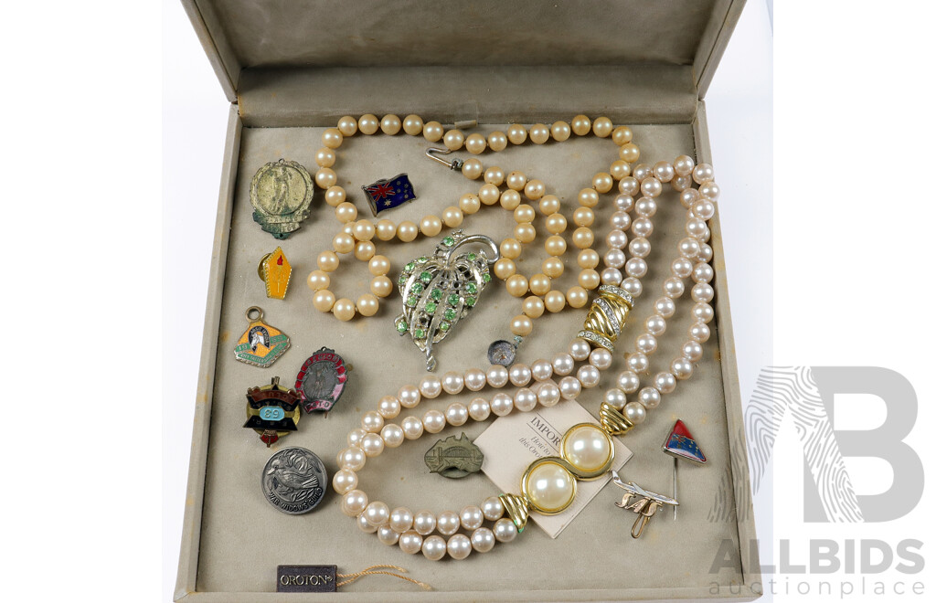 Collection of Vintage Pins Including 1951 War Widows Guild of Australia & Oroton Faux Pearls
