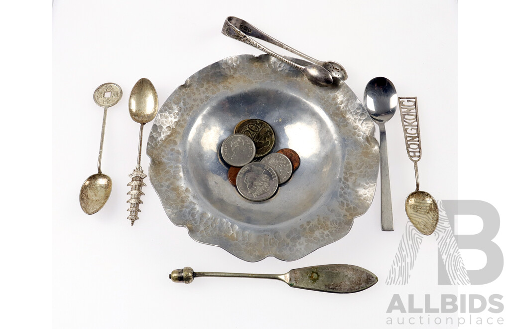 Antique 1831 Sterling Silver Serving Tongs with 1833 Pate Knife with Acorn Detail, Handmade Silver Bowl and Other Items