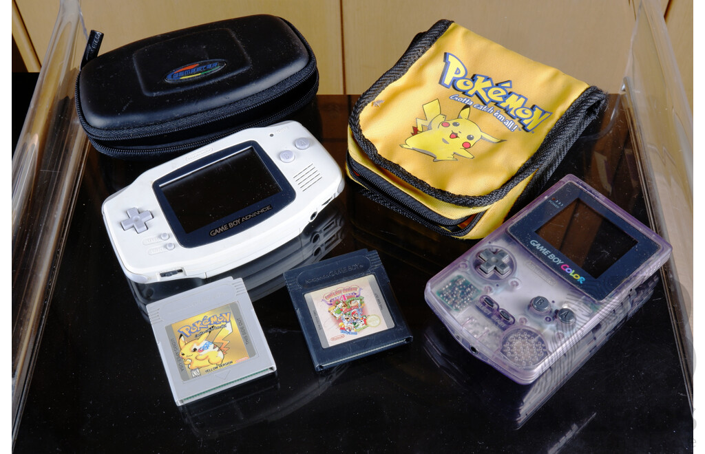 Game Boy Colour with Pokémon Yellow Version and Gameboy Gallery 4, with Gameboy Advance