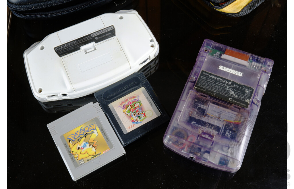 Game Boy Colour with Pokémon Yellow Version and Gameboy Gallery 4, with Gameboy Advance