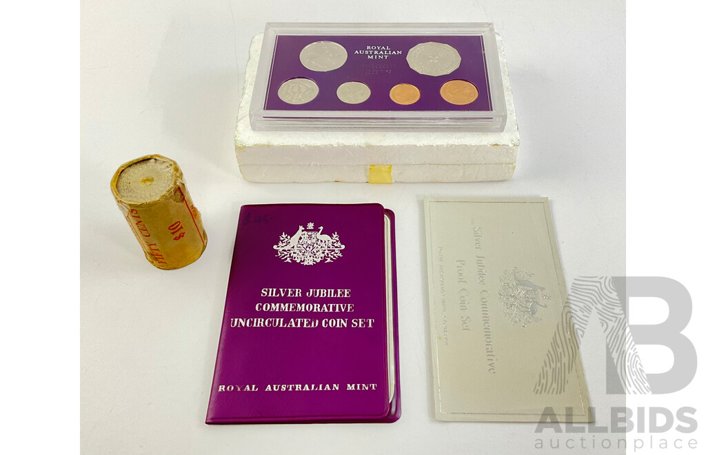 Collection of Australian 1977 Coins Including Silver Jubilee Commemorative Coin Set in Folder and Case and Roll of Jubilee Fifty Cent Coins