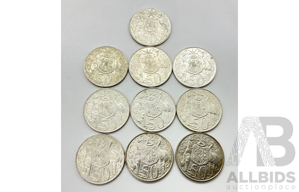 Australian 1966 Round Fifty Cent Coins, 80% Silver (10)