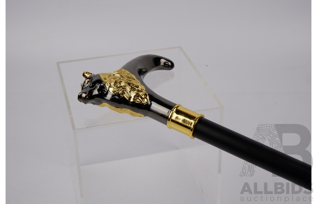 Black Walking Stick with Black and Gold Dog Shaped Handle