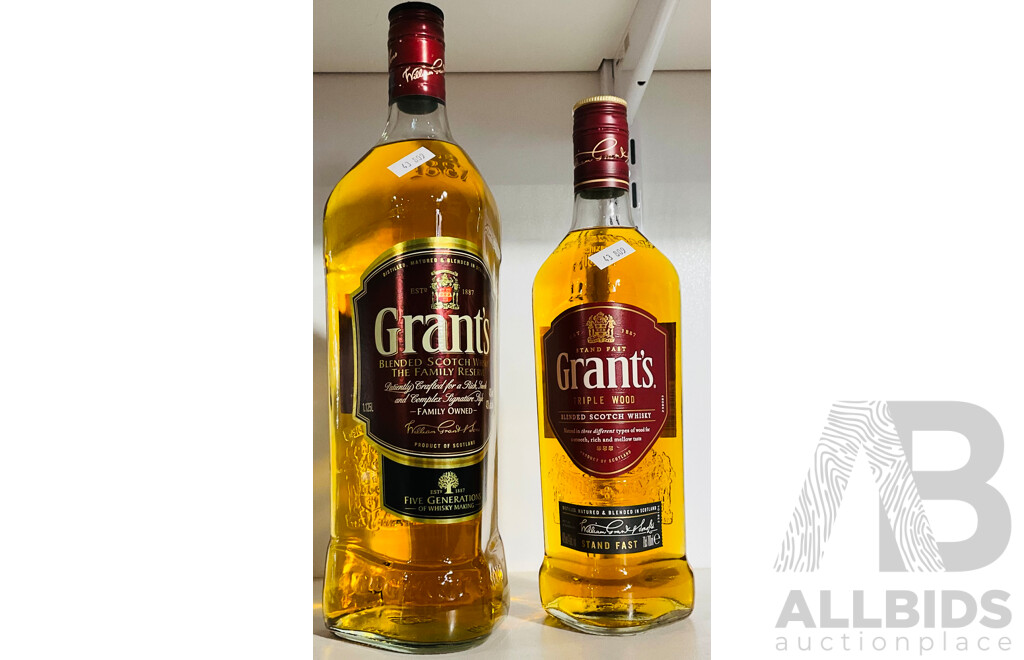 Set of Two Grant’s Scotch Whiskey Bottles - 1.125L and 700 Ml