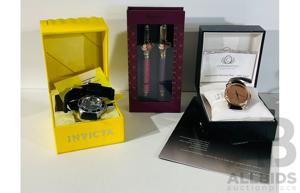 Invicta and Australian Penny Coin Watch in Original Boxes, Alongside a Shanghai Disney Resort Duo of Mickey and Minnie Mouse Pens