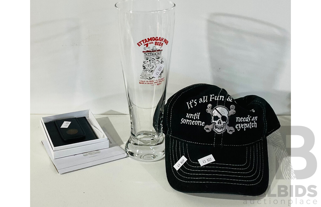 Ettamogah Pub 7 Oz Beer Glass, Novelty Cap and Tokens & Icons United States Penny Card Wallet