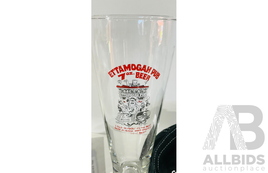 Ettamogah Pub 7 Oz Beer Glass, Novelty Cap and Tokens & Icons United States Penny Card Wallet