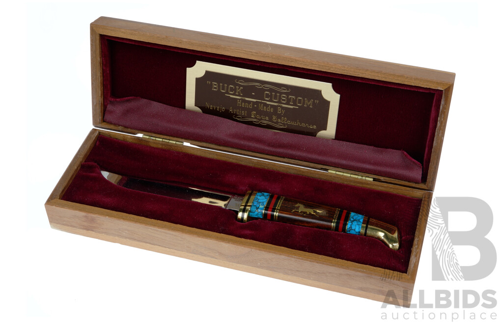 American Buck Custom Knife with Turquoise Inlayed Handle by Navajo Artist Dave Yellowhorse in Presentation Case