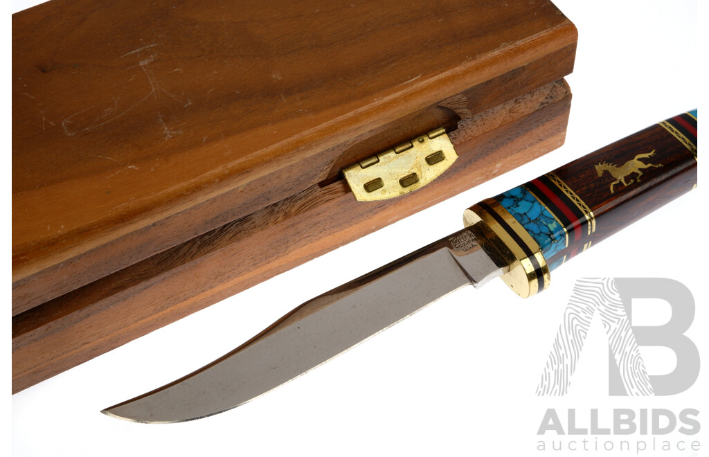 American Buck Custom Knife with Turquoise Inlayed Handle by Navajo Artist Dave Yellowhorse in Presentation Case