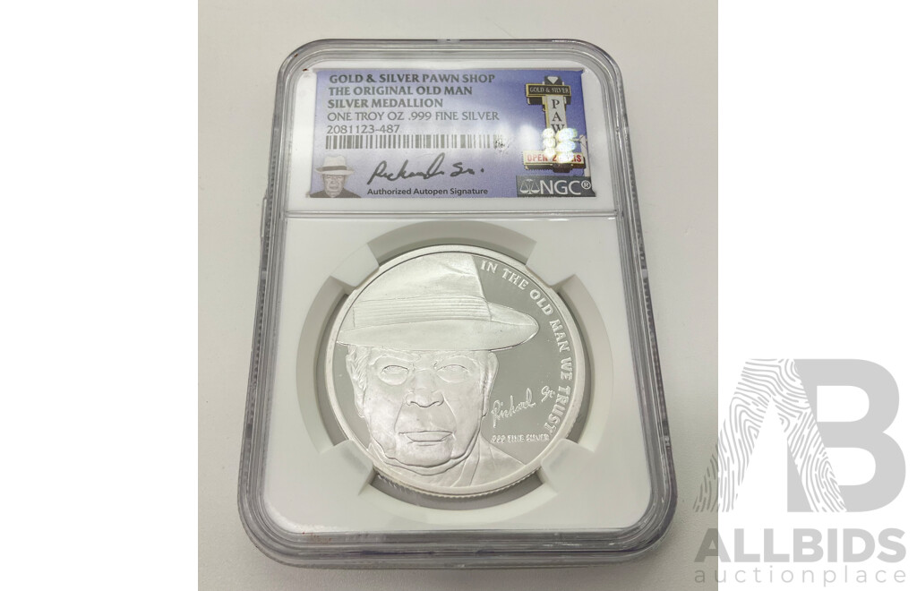 Pawn Stars Gold and Silver Pawn Shop Silver Medallion, 'In the Old Man We Trust' NGC Case .999