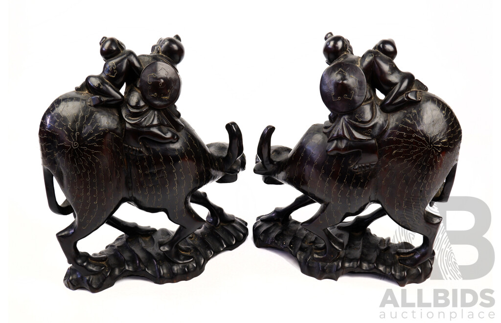 Pair Antique Chinese Hand Carved and Inlayed Hard Wood Sage and Child Riding Buffalo Staues, Early 20th Century