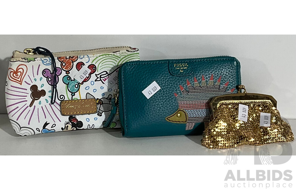 Collection of Three Purses - Vintage Gold Glomesh Coin Purse, Dooney & Bourke Disney Parks Sketch Cosmetic Bag or Purse and Fossil Clutch with Hedgehog Design