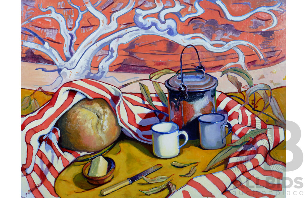 Val Johnson, Billy Tea and Damper, Oil on Canvas, 76 x 102 cm