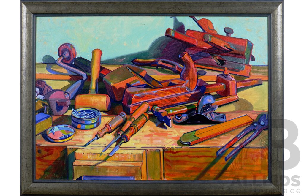 Val Johnson, Old Tools, Oil on Canvas on Board, 59 x 59 cm