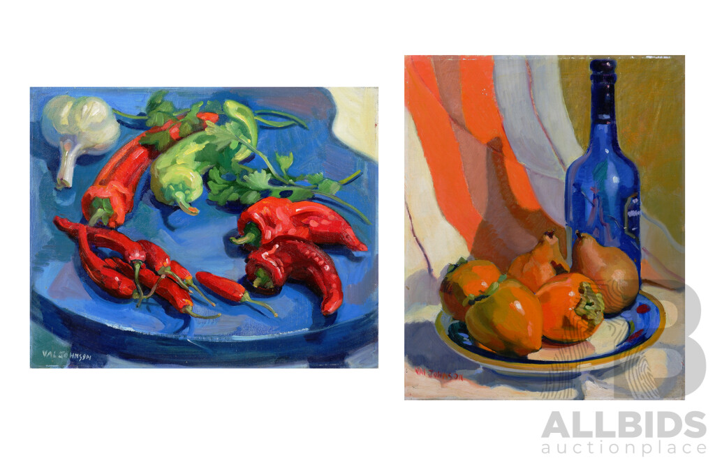 Val Johnson, Pears & Persimmons Together with Chilli Peppers, Oil on Board (2)