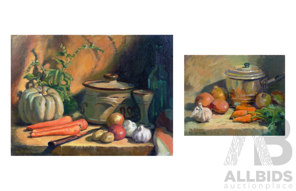 Val Johnson, Pumpkin & Pottery Together with Saucepan & Vegetables, Oil on Board (2)