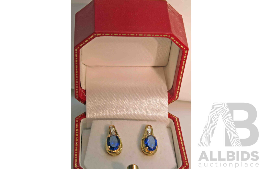 9ct Gold Earrings - lab created blue Sapphires & Diamonds