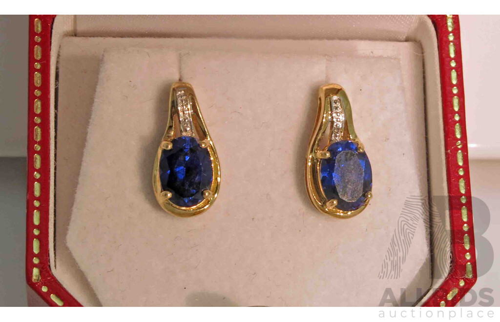 9ct Gold Earrings - lab created blue Sapphires & Diamonds