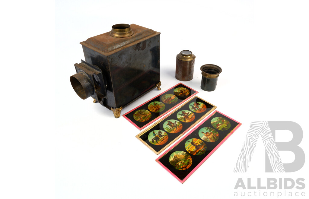 Antique German Made Magic Lantern in Original Box with 17 Glass Plates with Varied Scenes