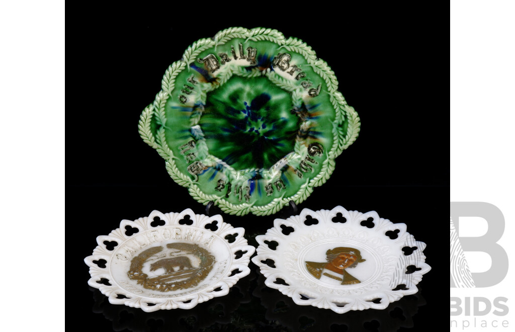 Two Vintage American Commemorative Milk Glass Plates Along with as Majolica Style Pottery Charger