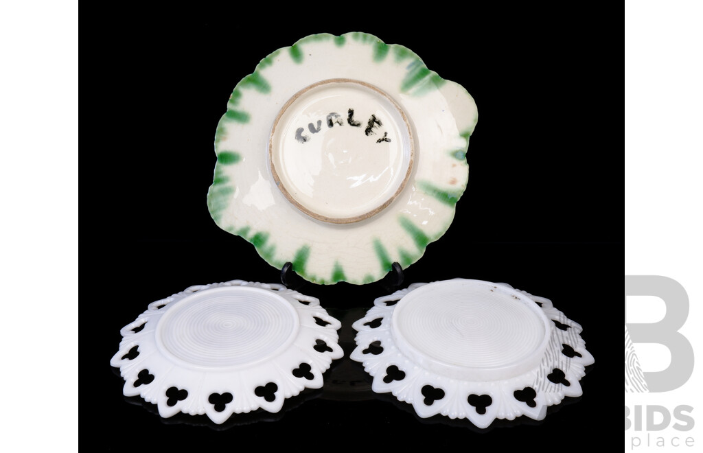 Two Vintage American Commemorative Milk Glass Plates Along with as Majolica Style Pottery Charger