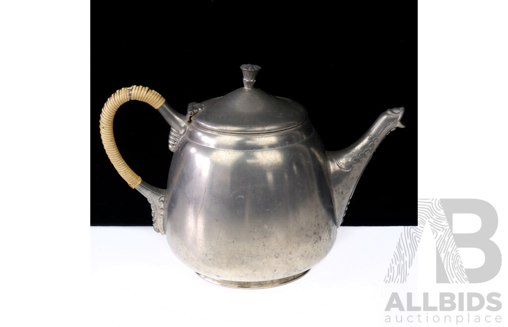 Vintage Royal Holland Pewter KMD Teapot with Rattan Handle and Snake Themed Spout