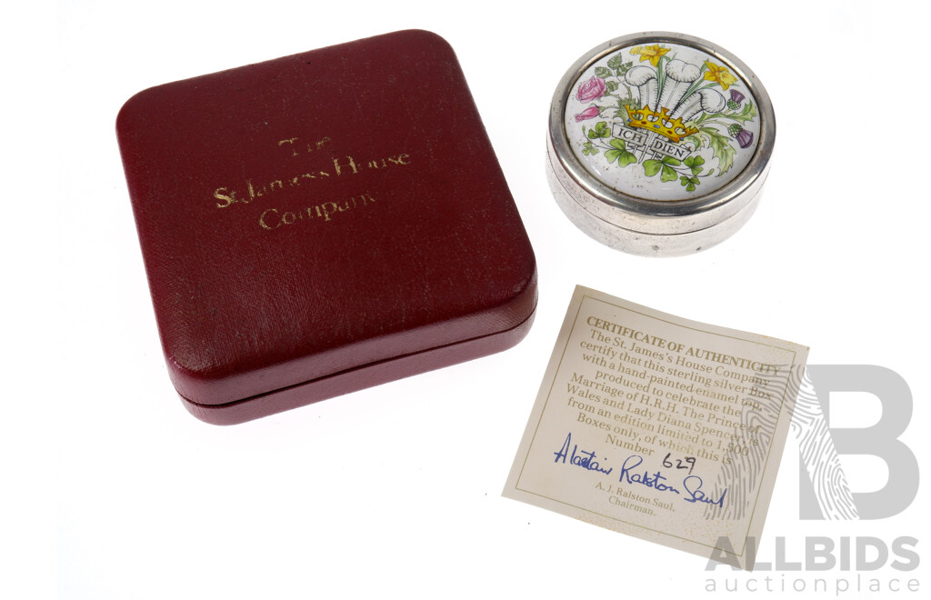 Commemorative Charles & Dianna Limited Edition 629 of 1500 Sterling Silver Box with Hand Painted Enamel Top in Original Presentation Box