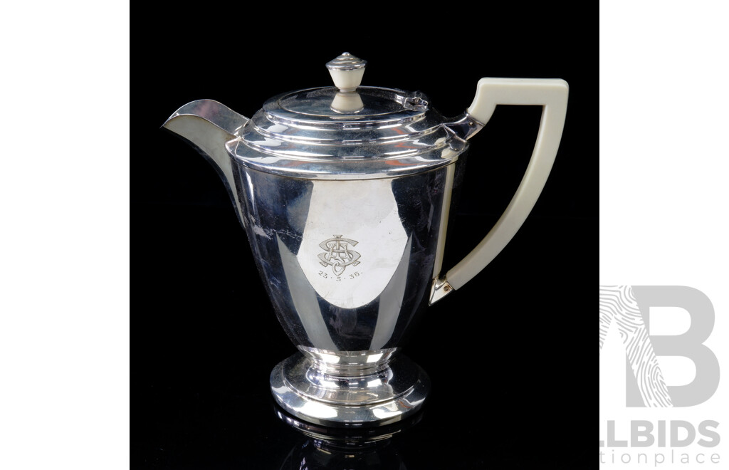 Vintage Art Deco  Silver Plate Australian Hecworth Coffee Pot with White Bakelite Handle, Engraved with Initials