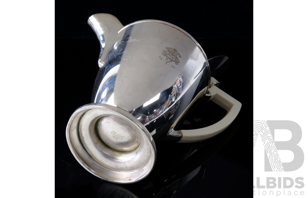 Vintage Art Deco  Silver Plate Australian Hecworth Coffee Pot with White Bakelite Handle, Engraved with Initials