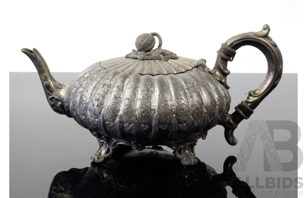 Antique Victorian Silver Plate Lidded Teapot with Ridged Gourd Form by Roberts & Sheffield