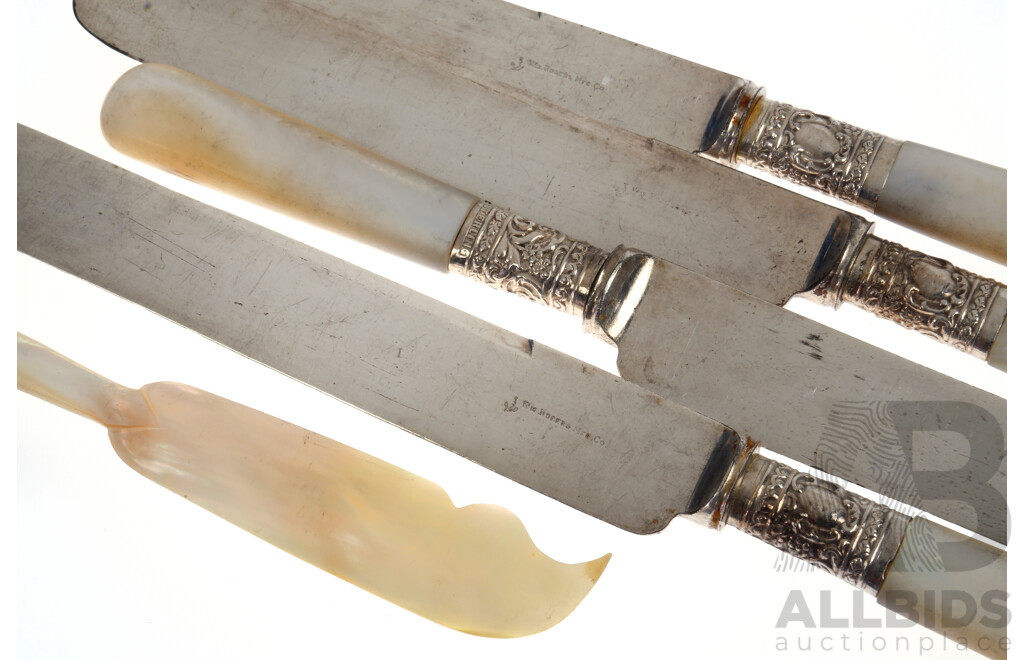 Set Four Antique American Butter Knives with Sterling Silver Ferules and Embossed Floral Design by William Rogers % Co Along with Mother of Pearl Butter Knife