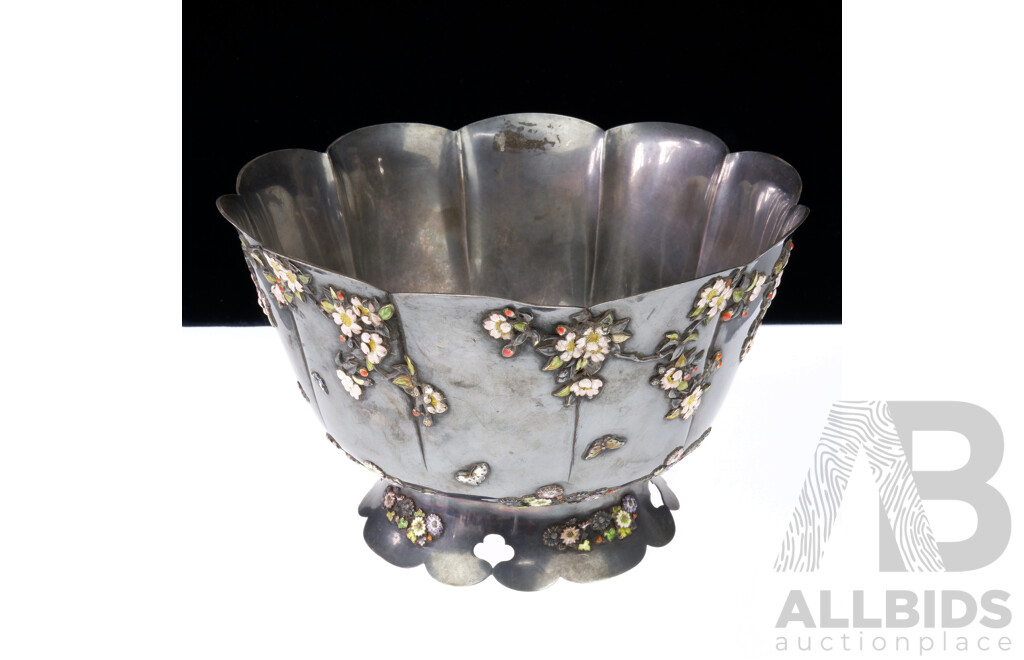 Interesting White Metal Lobbed Dish with Raised Enamel Butterflies and Foliate Detail