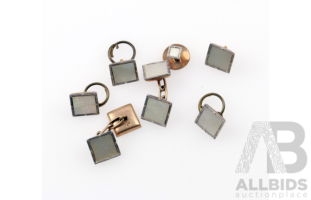 9CT Vintage Square Design Cufflinks, with (4) Matching Buttons & Button Pin - All Hallmarked 9CT, 11.47 Grams