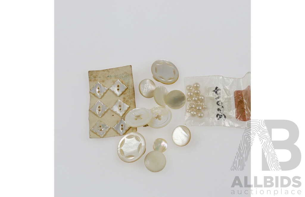 Vintage Mother of Pearl Collection of (10) Odd Buttons & Set of 6, Largest 25mm Diameter with Loose Vintage Faux Peals