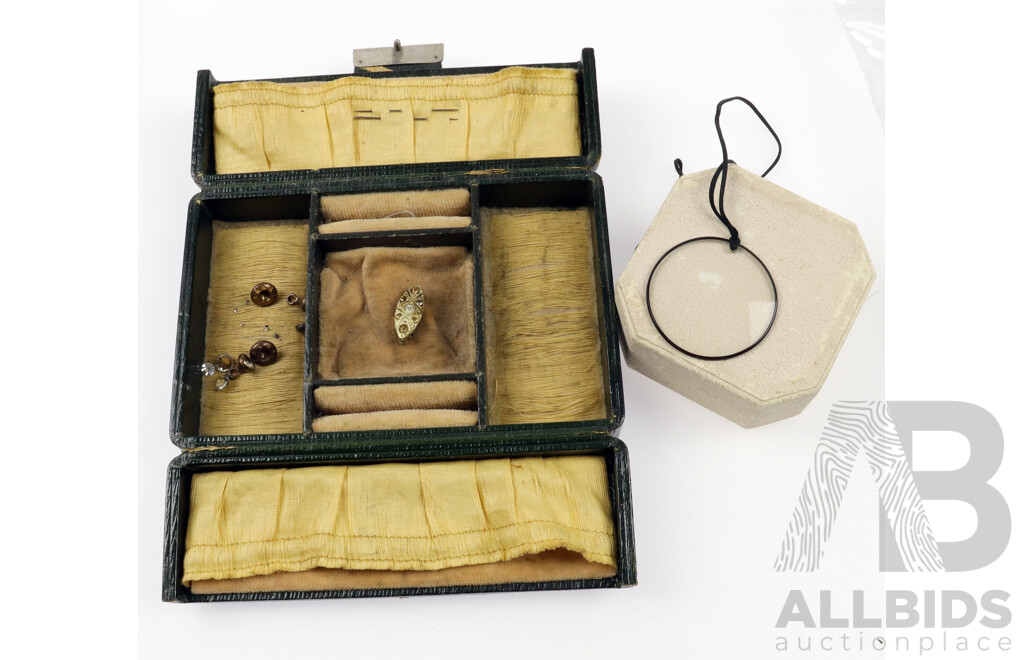 Monocle in Case and Old Jewellery Case with Antique Buttons & Clasp (Made in Czechoslovakia)