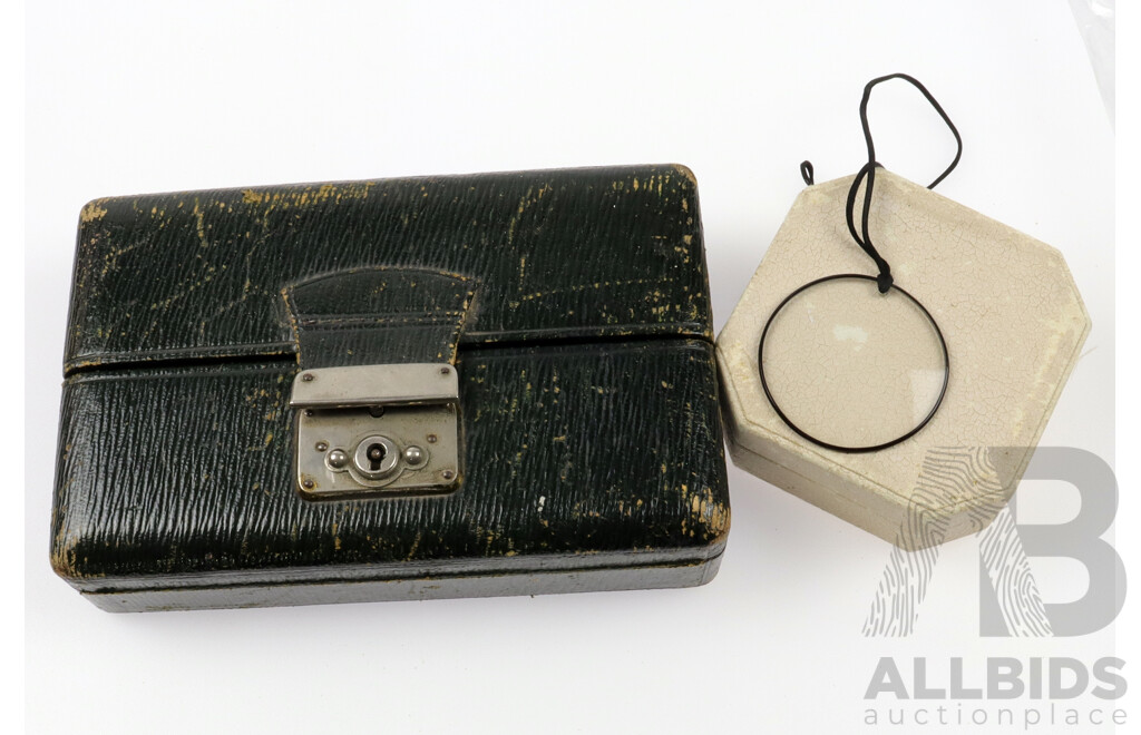 Monocle in Case and Old Jewellery Case with Antique Buttons & Clasp (Made in Czechoslovakia)