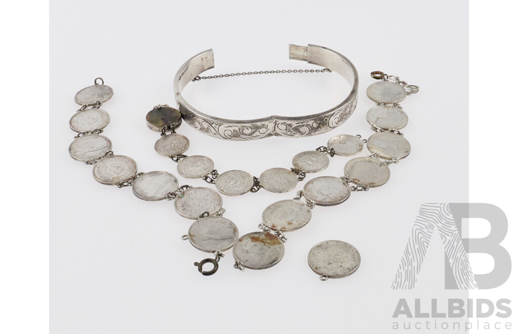 Vintage Siam Sterling Silver Etched Hinged Bangle & (3) Vintage Coin Bracelets