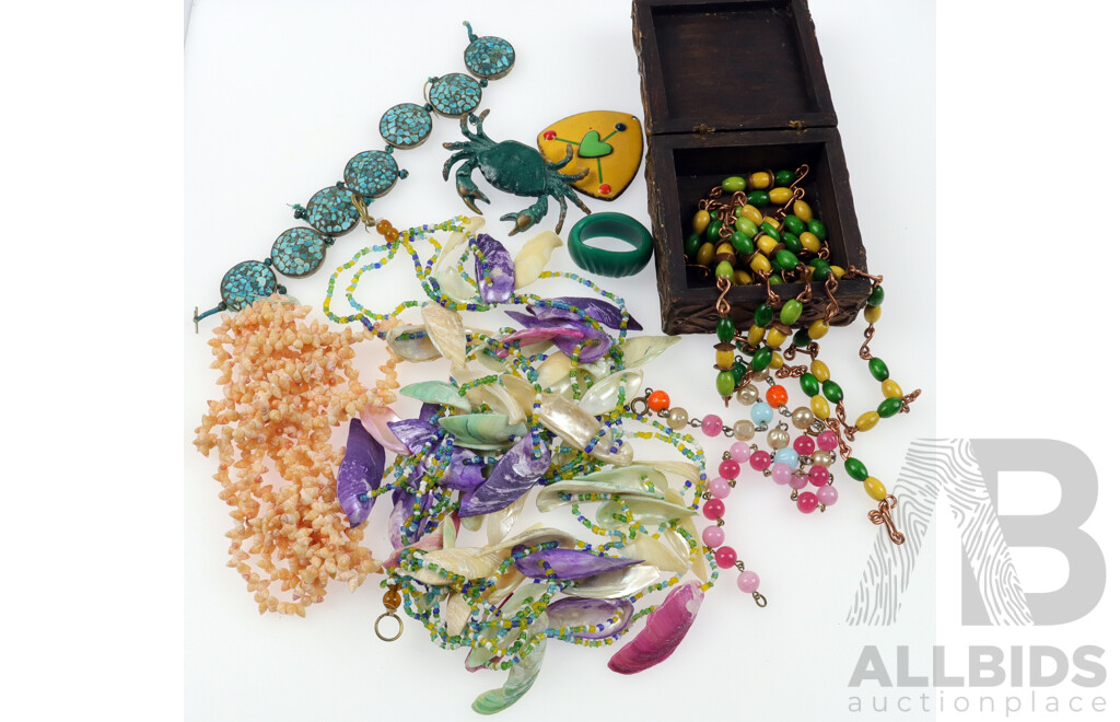 Collection of Vintage Jewellery Pieces Including Verdigris Painted Crab Brooch and (2) Shell Necklaces