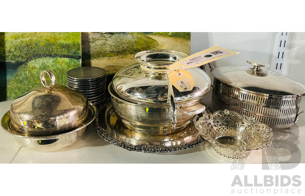 Collection Silver Plate Items Including Two Strachan Old Sheffield Reproduction Chargers, 16 Drinks Coasters and More