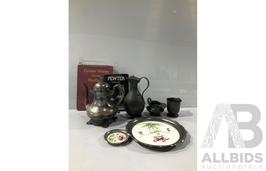Collection Antique Pewter Pieces Including Phillip Ashberry & Sons Sheffield Tea Pot with Bovine Final, Contitnental Porcleain Platter and Coaster with Pewter Surround, Tw Books Regarding Pewter and More