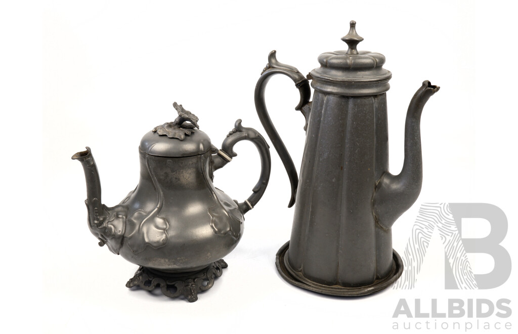Antique Pewter Lidded Teapot with Floral and Leaf Motif Raised Decoration Along with Brittania Metal Lidded Coffee Pot by Philip Ashberry