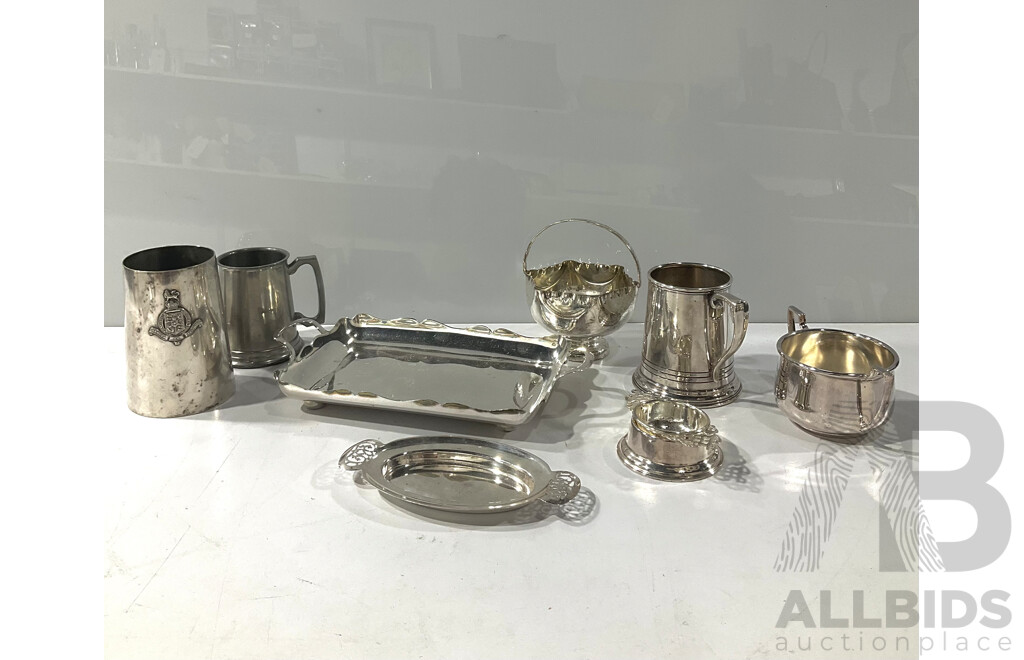 Collection Vintage Silver Plate Pieces Including Phoenix Melbourne Rectangular Tray, Crusader Plate Melborne Tankard and More