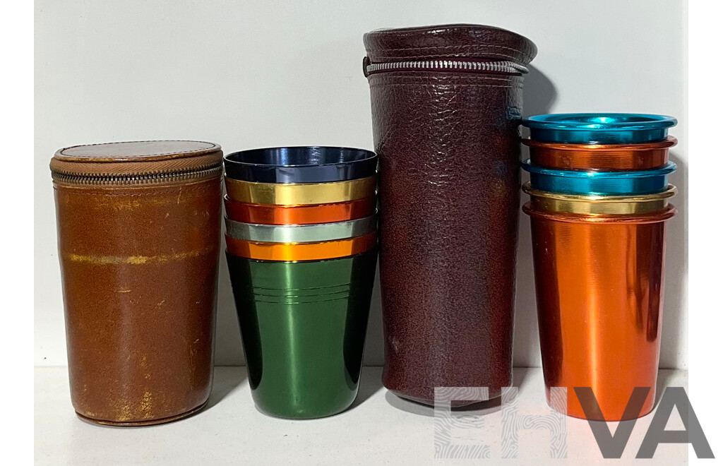 Two Retro Sets of Anodised Aluminium Travel Cups by Three Rings HK and Carribean Beakers Australia