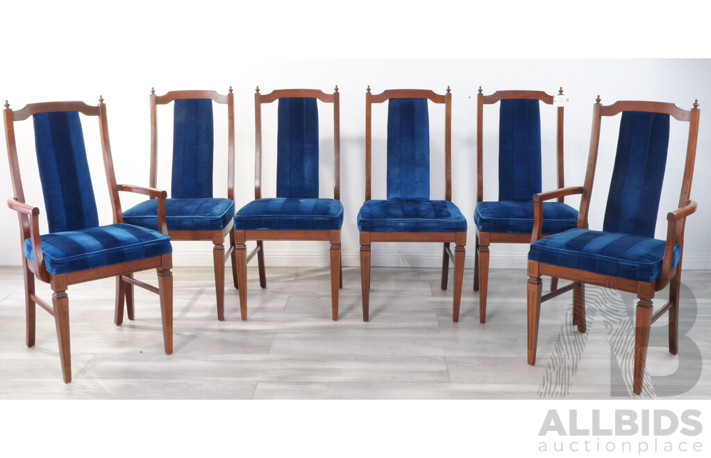 Six T. H Brown Blue Velvet Dining Chairs Including Two Carvers