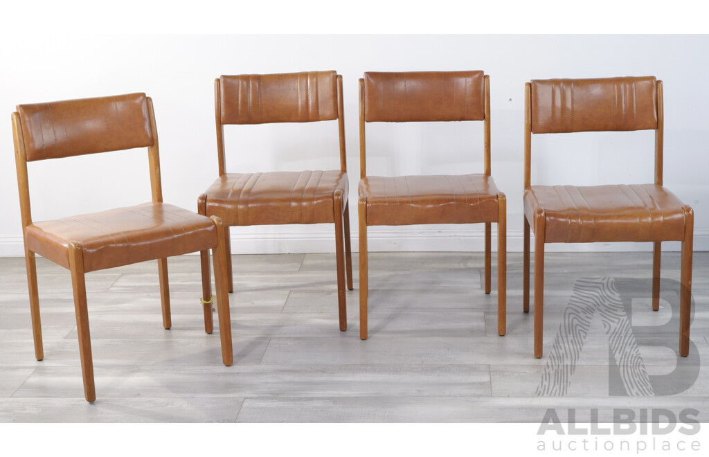 Four Vintage Dining Chairs with Brown Vinyl Upholstery