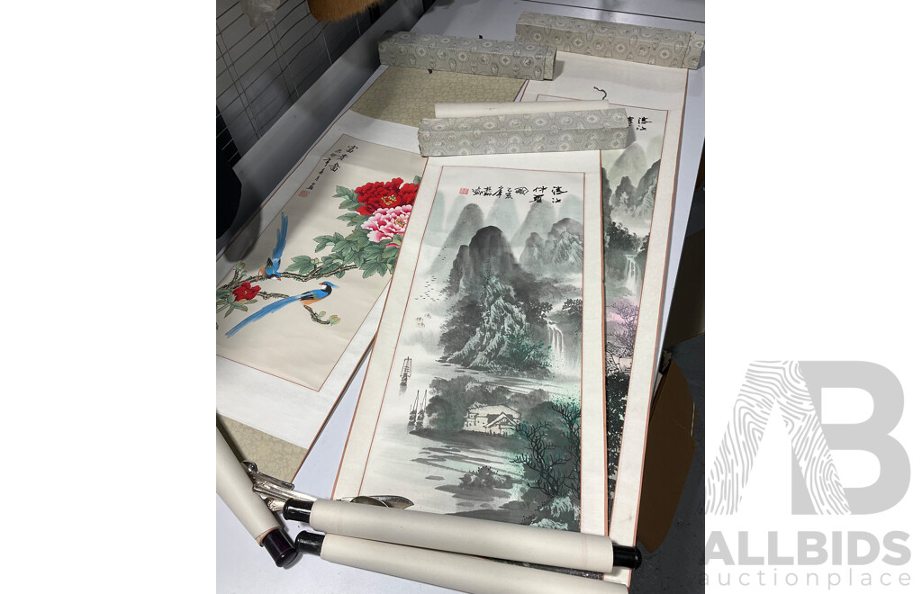 Three Chinese Scrolls Depicting Birds and Landscapes