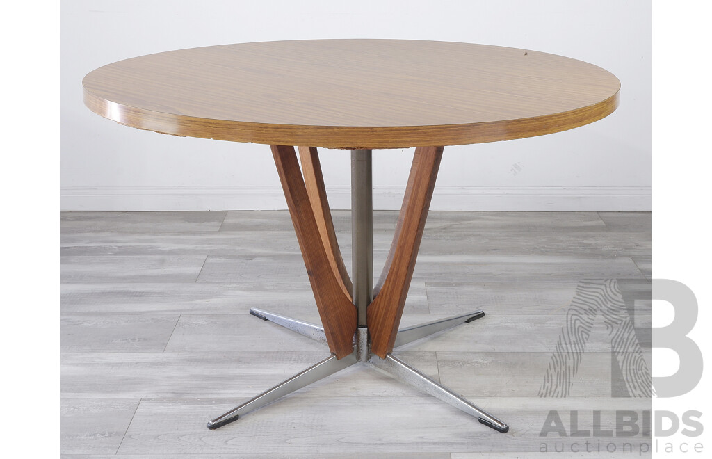 Retro Circular Laminate Dining Table with Timber and Chrome Base