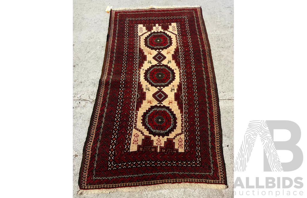 Hand Knotted Persian Baluchi Wool Rug with Three Central Gouls and Animal Motif
